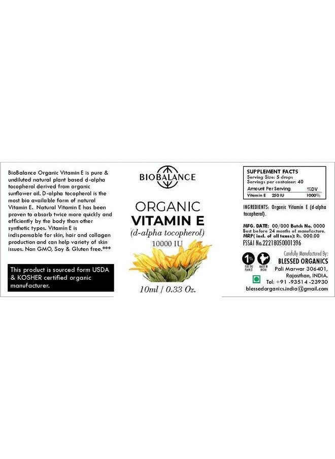 Bio Balance - Organic Vitamin E Dalpha Tocopherol 10000 Iu Derived Form Organic Sunflower Oil 100% Pure & Undiluted Soy/Gluten/Gmo Free Glass Bottle 10Ml - Image 1