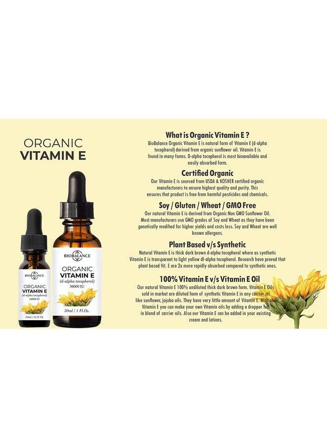 Bio Balance - Organic Vitamin E Dalpha Tocopherol 10000 Iu Derived Form Organic Sunflower Oil 100% Pure & Undiluted Soy/Gluten/Gmo Free Glass Bottle 10Ml - Image 1