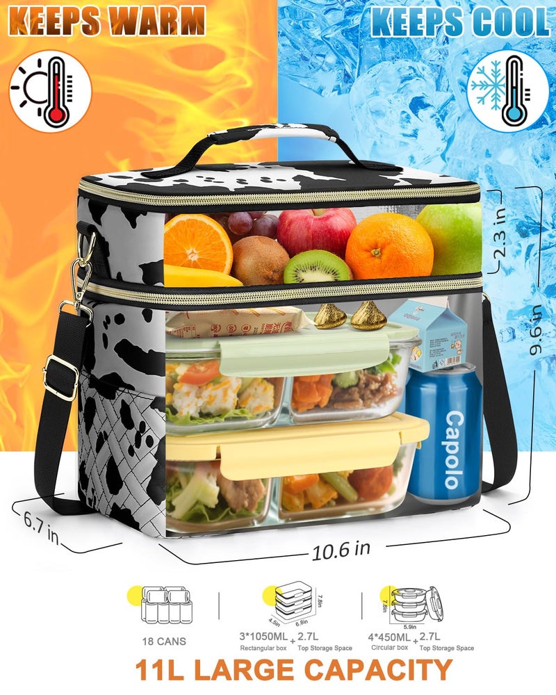 Capolo Lunch Box for Women Men Adults,Double Deck Insulated Lunch Bag Leakproof Lunch Cooler Box with Removable Strap Lunch Tote Bags Reusable Thermal Lunchbox for Work Picnic(Large,Cow print) - Image 4