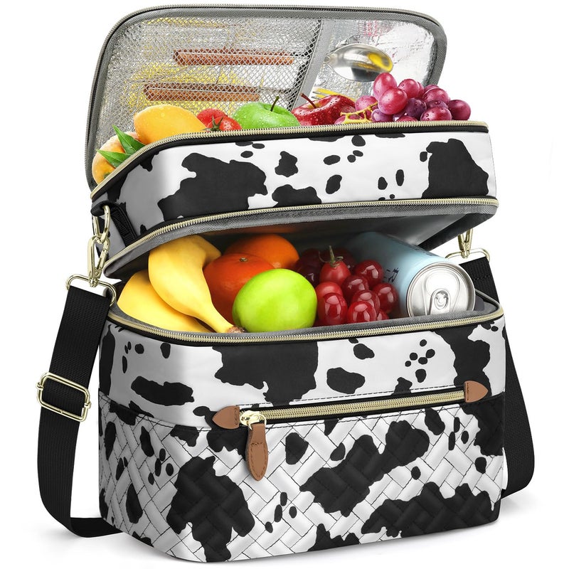 Capolo Lunch Box for Women Men Adults,Double Deck Insulated Lunch Bag Leakproof Lunch Cooler Box with Removable Strap Lunch Tote Bags Reusable Thermal Lunchbox for Work Picnic(Large,Cow print) - Image 1