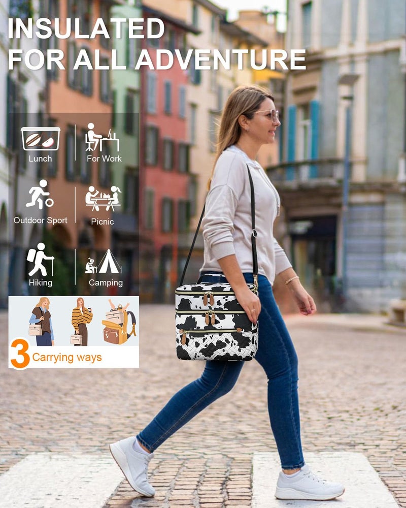 Capolo Lunch Box for Women Men Adults,Double Deck Insulated Lunch Bag Leakproof Lunch Cooler Box with Removable Strap Lunch Tote Bags Reusable Thermal Lunchbox for Work Picnic(Large,Cow print) - Image 2