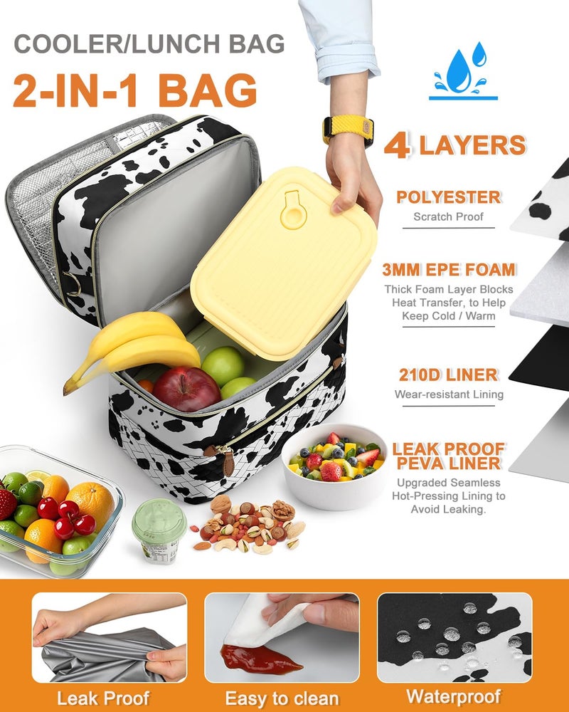 Capolo Lunch Box for Women Men Adults,Double Deck Insulated Lunch Bag Leakproof Lunch Cooler Box with Removable Strap Lunch Tote Bags Reusable Thermal Lunchbox for Work Picnic(Large,Cow print) - Image 5