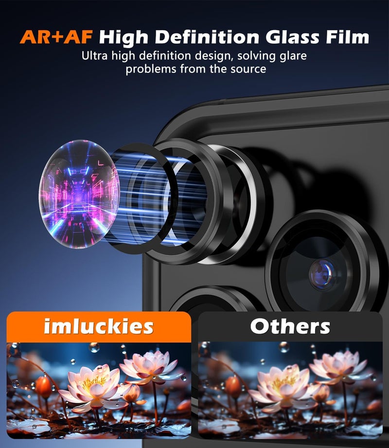 imluckies Camera Lens Protector for iPhone 17 Pro/ iPhone 17 Pro Max/ iPhone 16 Pro/ iPhone 16 Pro Max, AR+AF Tempered Glass & 9H Hardness Shatterproof, HD Clear Metal Lens Cover with Installation Tray 2025, Black - Image 2