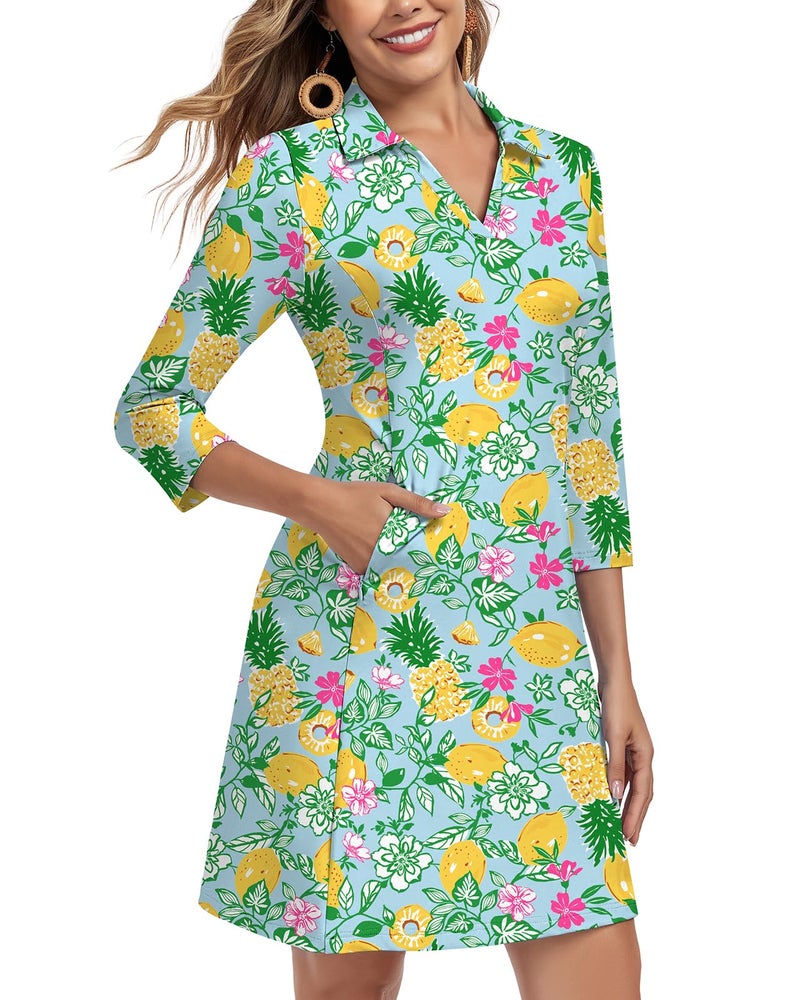 WOWENY 3/4 Sleeve Dress for Women with Pockets V Neck UPF 50+ Casual Sun Dress Breathable Quick Dry Beach Vacation (Lemon Summer, L) - Image 2