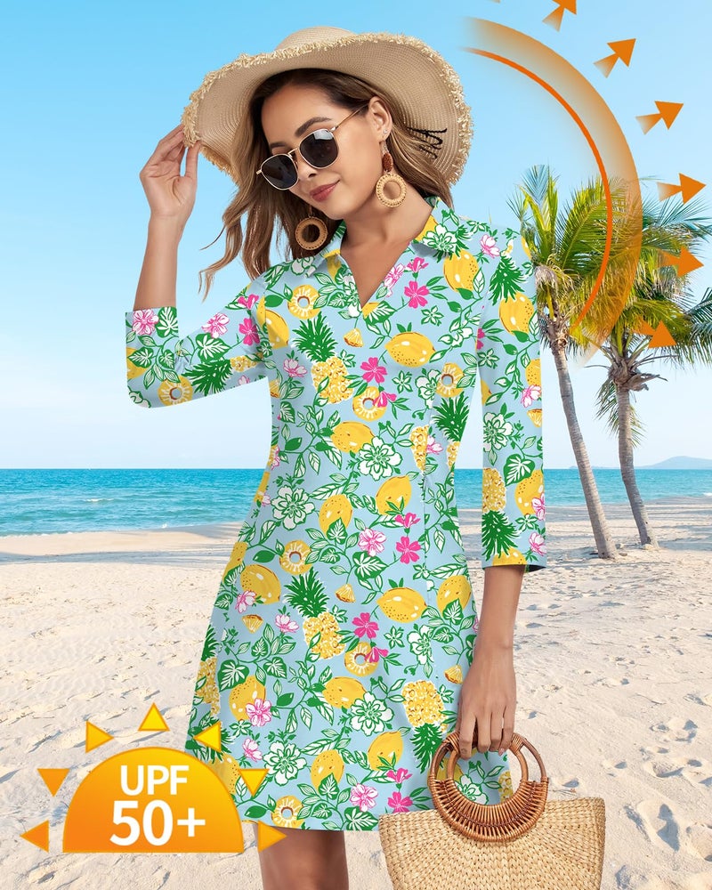 WOWENY 3/4 Sleeve Dress for Women with Pockets V Neck UPF 50+ Casual Sun Dress Breathable Quick Dry Beach Vacation (Lemon Summer, L) - Image 3