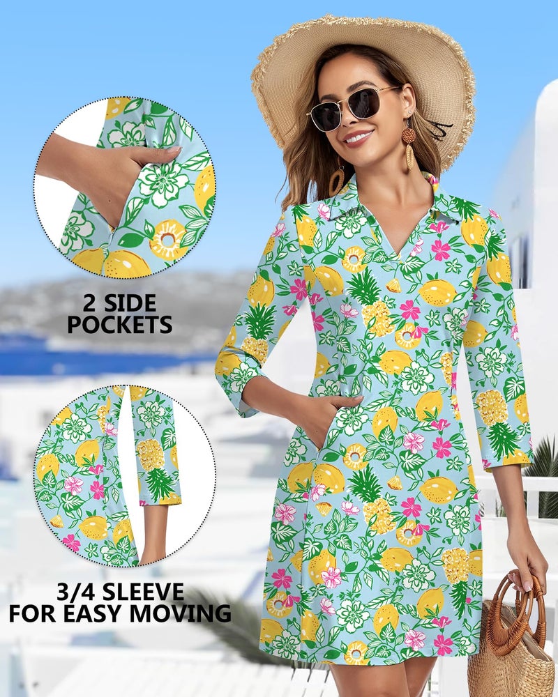 WOWENY 3/4 Sleeve Dress for Women with Pockets V Neck UPF 50+ Casual Sun Dress Breathable Quick Dry Beach Vacation (Lemon Summer, L) - Image 4