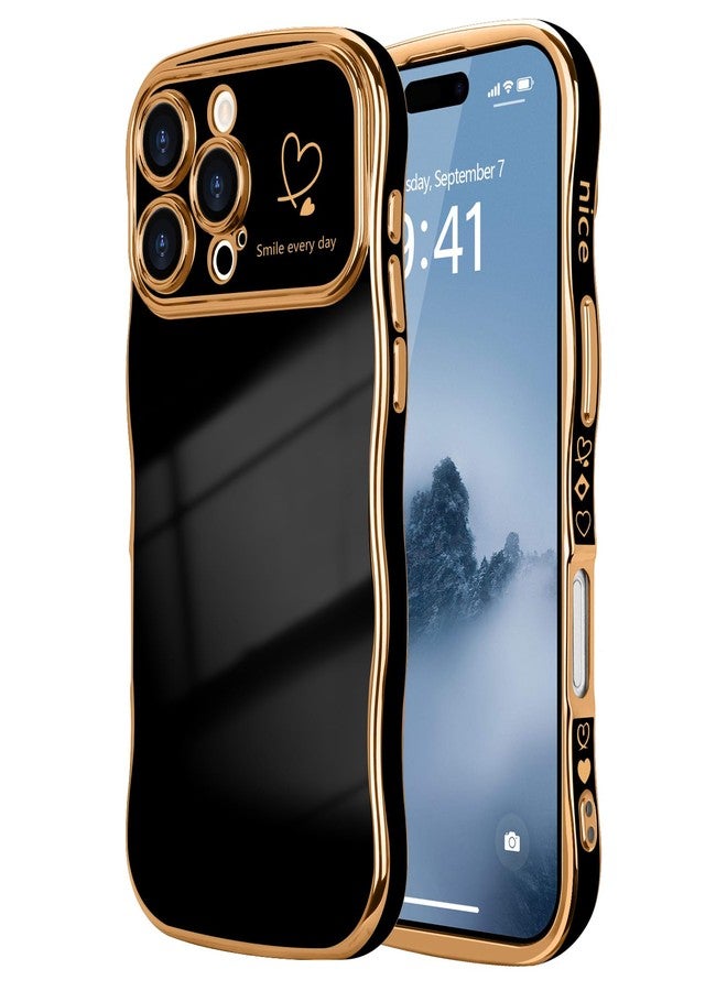 جراب LCHULLE لهاتف iPhone 16 Pro للنساء والفتيات، جراب هاتف بتصميم لطيف على شكل قلب مموج، غطاء حماية للكاميرا مقاوم للصدمات لهاتف iPhone 16 Pro مقاس 6.3 بوصة، أسود - Image 1