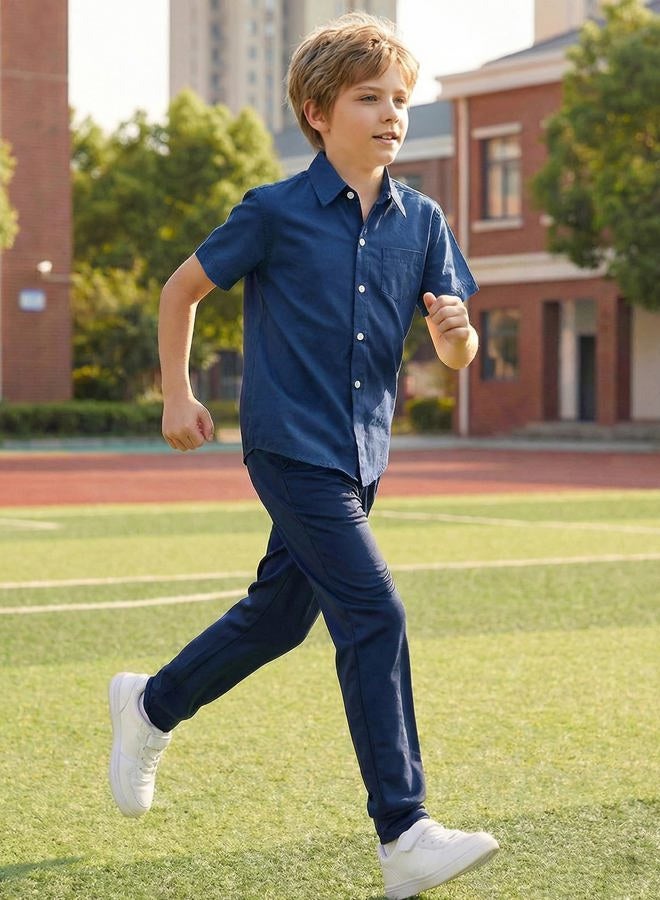 Spring&Gege Boys' Short Sleeve Dress Shirts Formal Uniform Woven Solid, Navy Blue, 9-10 Years - Image 3