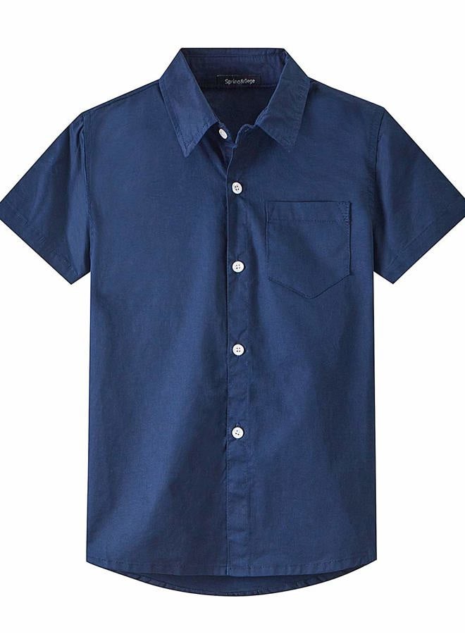 Spring&Gege Boys' Short Sleeve Dress Shirts Formal Uniform Woven Solid, Navy Blue, 9-10 Years - Image 1