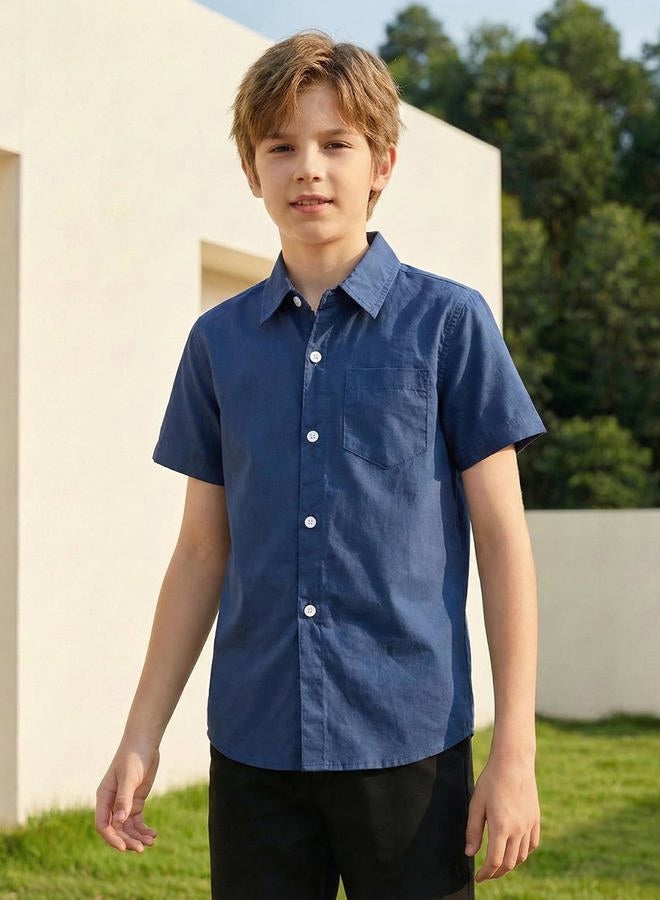 Spring&Gege Boys' Short Sleeve Dress Shirts Formal Uniform Woven Solid, Navy Blue, 9-10 Years - Image 2