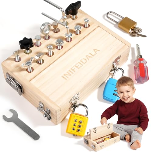 INIFEIDALA لوحة مشغولة من إينيفيدالا للأطفال Montessori للأعمار من 3 سنوات، لوحة حسية خشبية مع أقفال ومفتاح، مجموعة أدوات للأطفال، مجموعة مفكات تعليمية، ألعاب تعليمية لتطوير المهارات الحركية الدقيقة وتعلم STEM - Image 1