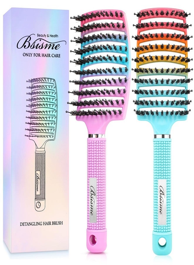Bsisme Boar Bristle Hair Brush Curved Vented Detangler Brush Faster Blow Drying, Paddle Detangling Brush for Women Men Kids Wet Dry Long Curly Thick Straight Hair, Make Hair Shiny and Healthier(Purple+Green) - Image 1