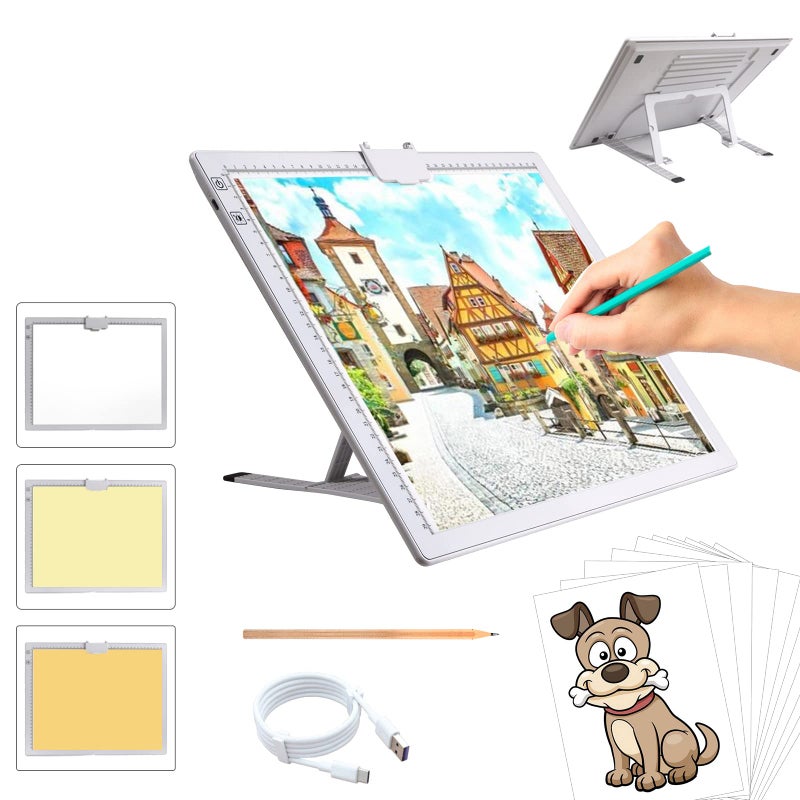 A3 Rechargeable Light Pad TOHETO 2500mAh Battery Powered Light Board with Stand Top Magnetic Clip 3 Colors Stepless Dimmable 6 Levels Brightness Light Box for Diamond Painting Weeding Vinyl White