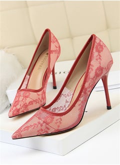 BIGTREE 9cm Slimming High-Heeled Pumps With Slim Heels And Shallow Cuts With Pointed Mesh Openwork Lace Pumps Red  - Image 1