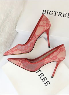 BIGTREE 9cm Slimming High-Heeled Pumps With Slim Heels And Shallow Cuts With Pointed Mesh Openwork Lace Pumps Red  - Image 2
