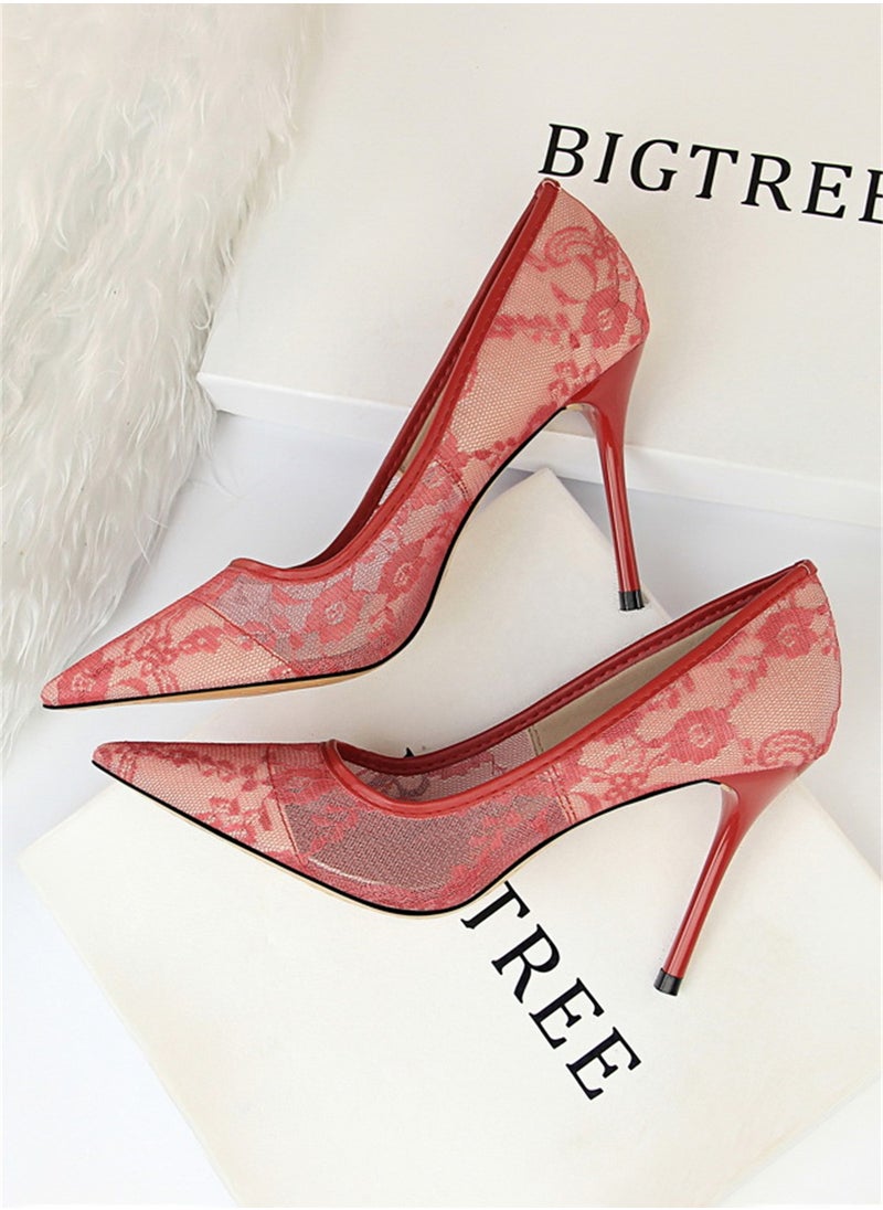 BIGTREE - 9cm Slimming High-Heeled Pumps With Slim Heels And Shallow Cuts With Pointed Mesh Openwork Lace Pumps Red - Image 1