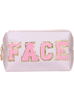 CRUOXIBB Preppy Patch Cosmetic Toiletry Bag for Women Girls SKIN Letters PU Leather Portable Makeup Bag Zipper Pouch Storage Purse Waterproof Organizer for Travel 