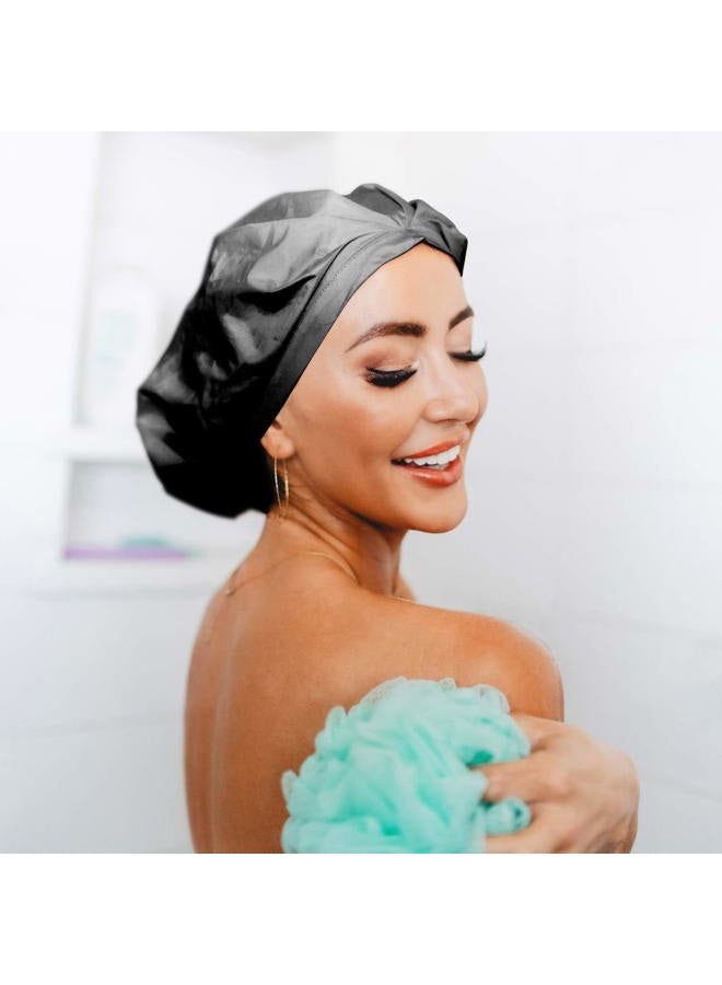Gimme Beauty - Lined Shower Cap for Women and Men - Sleek Waterproof Shower Cap for Long Hair or Dry Styles - Reusable & Fast Drying with a Silicone Leak Proof Lining - Black (1 Count) - Image 4