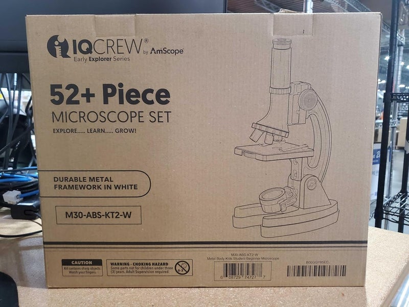 AmScope مجموعة ميكروسكوب STEM للمبتدئين 52 قطعة 120X-1200X مع ميكروسكوب هيكل معدني، شرائح بلاستيكية، ضوء LED وصندوق حمل (M30-ABS-KT2-W)، أبيض - Image 2
