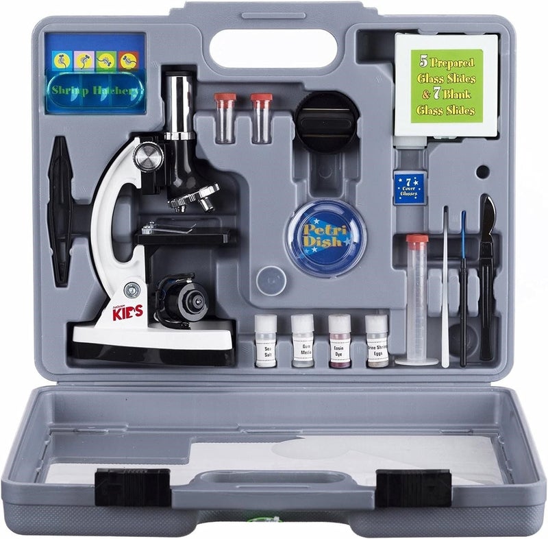 AmScope مجموعة ميكروسكوب STEM للمبتدئين 52 قطعة 120X-1200X مع ميكروسكوب هيكل معدني، شرائح بلاستيكية، ضوء LED وصندوق حمل (M30-ABS-KT2-W)، أبيض - Image 1