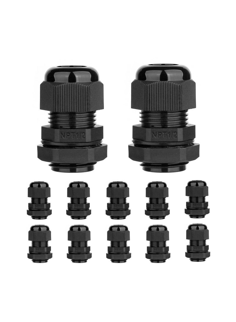 Y&D 12 Pack 1/2'' IP68 NPT Cable Gland Waterproof Connectors Adjustable 6-12mm/0.24-0.47inch Nylon Glands Joints with Gaskets (1/2", Pack) - Image 1