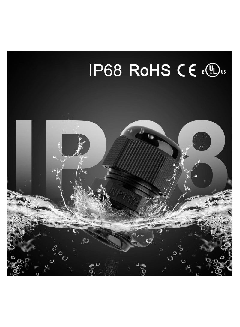 Y&D 12 Pack 1/2'' IP68 NPT Cable Gland Waterproof Connectors Adjustable 6-12mm/0.24-0.47inch Nylon Glands Joints with Gaskets (1/2", Pack) - Image 4