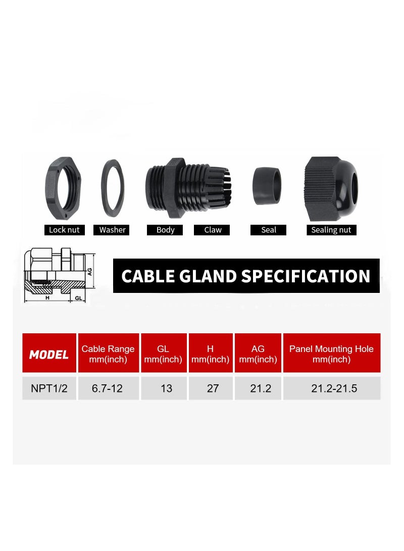 Y&D 12 Pack 1/2'' IP68 NPT Cable Gland Waterproof Connectors Adjustable 6-12mm/0.24-0.47inch Nylon Glands Joints with Gaskets (1/2", Pack) - Image 3