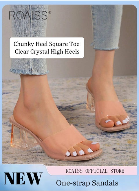 Crystal Chunky Block Heels for Women Square Toe One Strap Outer Wear Slippers Transparent Slingbacks Sandals