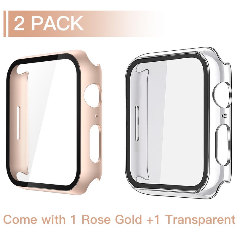 Misxi 2 Pack Tempered Glass Case Compatible for Apple Watch SE 3 (2025) SE 2 SE Series 6 Series 5 Series 4 44mm, Hard PC Screen Protector Protection Cover for iWatch, 1 Rose Gold + 1 Transparent - Image 2