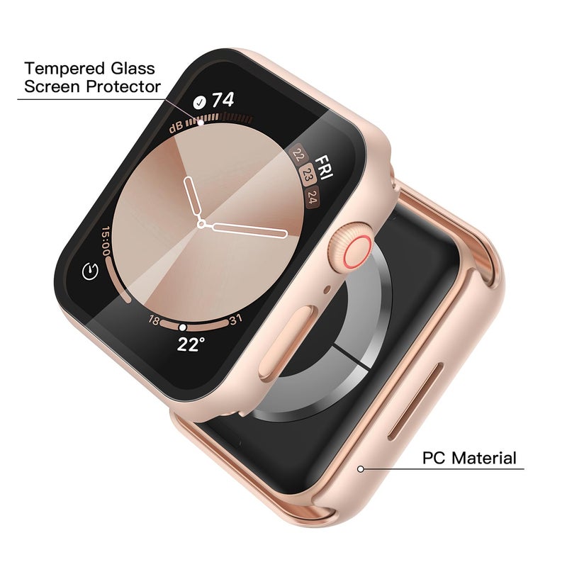 Misxi 2 Pack Tempered Glass Case Compatible for Apple Watch SE 3 (2025) SE 2 SE Series 6 Series 5 Series 4 44mm, Hard PC Screen Protector Protection Cover for iWatch, 1 Rose Gold + 1 Transparent - Image 4