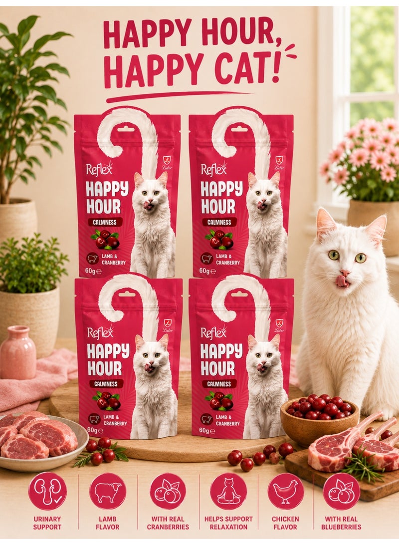 Happy Hour Calmness Cat Treats – Lamb & Cranberry Flavor Functional Cat Snacks – Supports Relaxation & Urinary Health – Delicious Reward Treats for Adult Cats – 60g x 4
