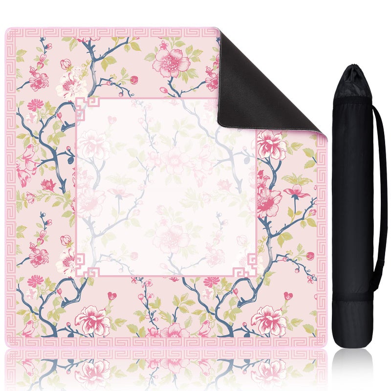 Sonwyoung Chinoiserie Mahjong Mat with 1 Carrying Bag 315 x 315 Pink and White Rubber Anti Slip and Noise Reduction Multi Purpose Game Table Cover for Mahjong Card Board Tile Games - Image 2