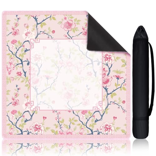 Sonwyoung Chinoiserie Mahjong Mat with 1 Carrying Bag 315 x 315 Pink and White Rubber Anti Slip and Noise Reduction Multi Purpose Game Table Cover for Mahjong Card Board Tile Games - Image 1