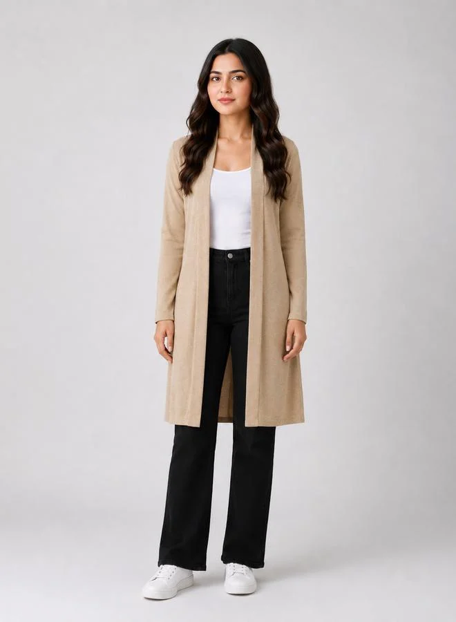 تايك تو Beige Solid Ribbed Longline Shrug By Gravt