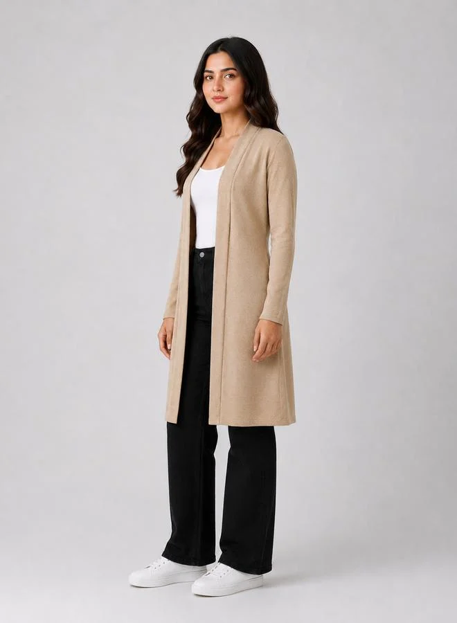 تايك تو Beige Solid Ribbed Longline Shrug By Gravt