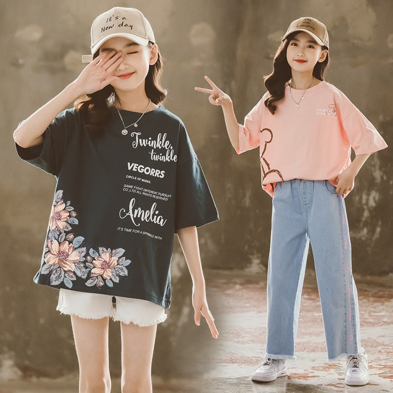 Girls Short-Sleeved T-Shirt 2024 Summer Children'S Clothing For Older Children Korean Cartoon Print Loose Top Western Style T-Shirt - Image 3