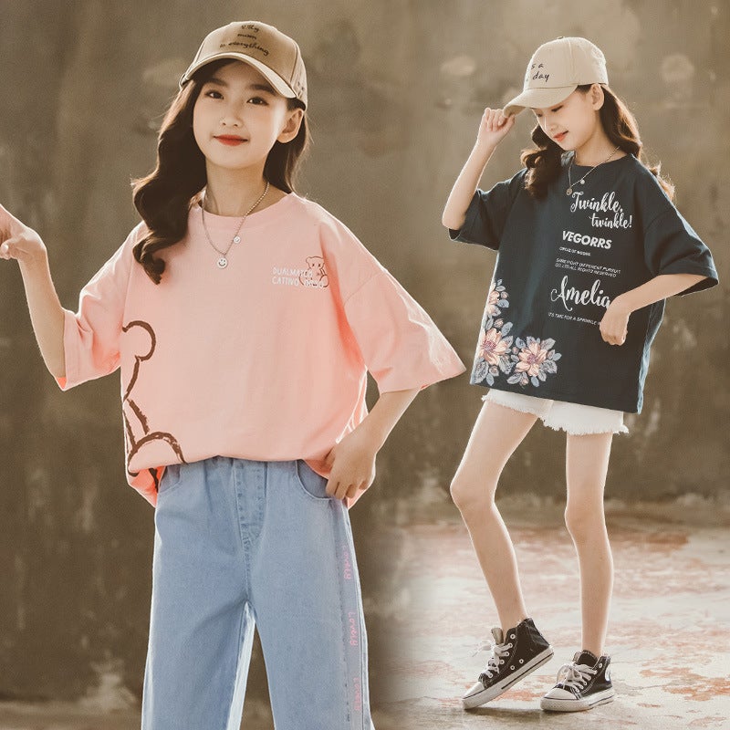 Girls Short-Sleeved T-Shirt 2024 Summer Children'S Clothing For Older Children Korean Cartoon Print Loose Top Western Style T-Shirt - Image 2