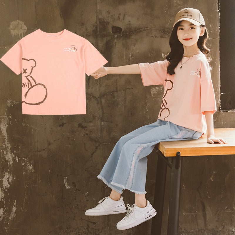 Girls Short-Sleeved T-Shirt 2024 Summer Children'S Clothing For Older Children Korean Cartoon Print Loose Top Western Style T-Shirt - Image 1
