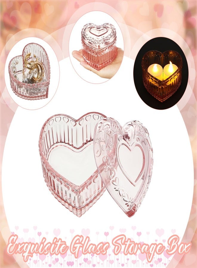 Ferreve 12 Pcs Crystal Glass Heart Shaped Storage Box Glass Jewelry Box Embossed Vintage Jewelry Box for Ring Earring Trinkets Women Gift, 3.74''L x 3.54''W x 2.36''H (Pink) - Image 2