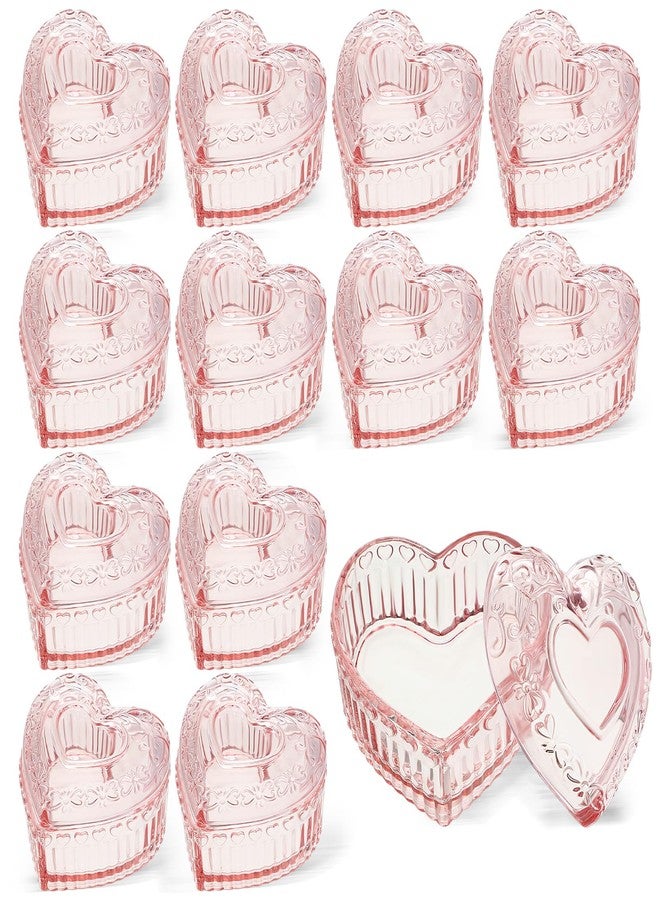Ferreve 12 Pcs Crystal Glass Heart Shaped Storage Box Glass Jewelry Box Embossed Vintage Jewelry Box for Ring Earring Trinkets Women Gift, 3.74''L x 3.54''W x 2.36''H (Pink) - Image 1