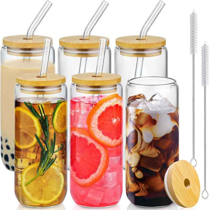 SENTVEND 20 Oz Drinking Glasses with Bamboo Lids and Glass Straw  6 Pcs Glass Cups Beer Ice Coffee Glasses Cute Aesthetic Cup Great for Coffee Bar Accessories Include 2 Cleaning Brushes
