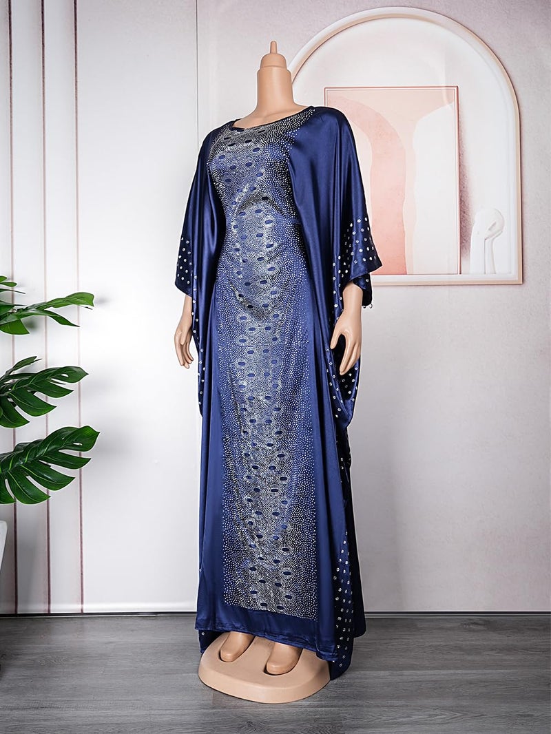 HD African Kaftan Dress for Women Rhinestone Navyblue Batwing Maxi Dress with Inner Adjustment Belt - Image 3