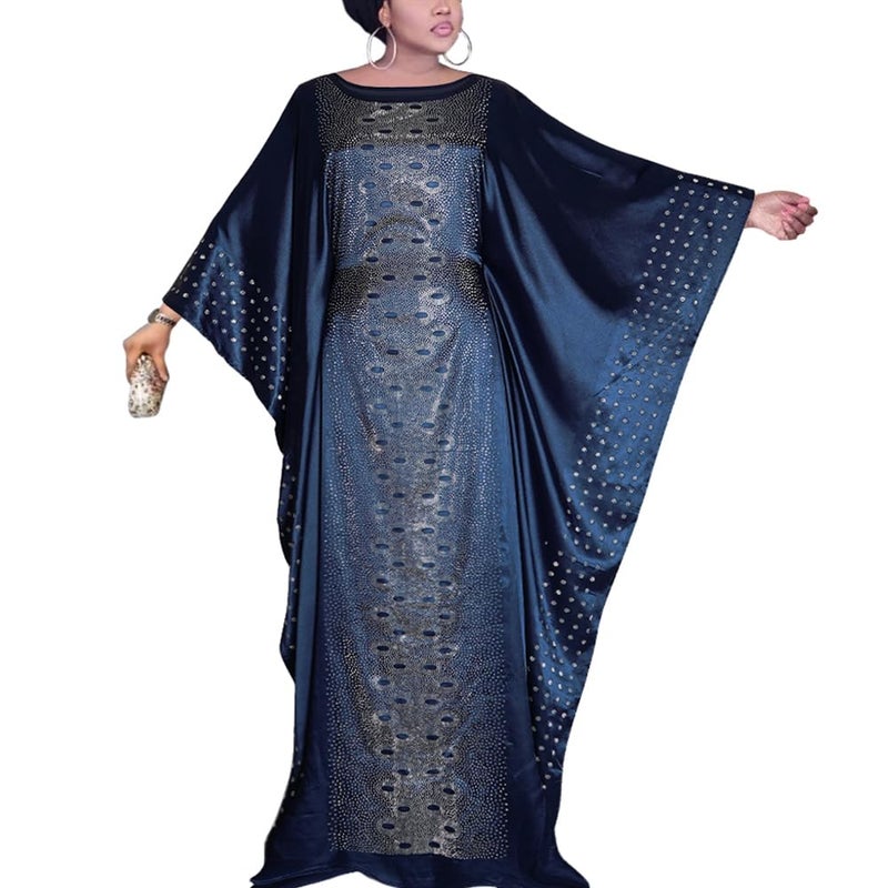 HD African Kaftan Dress for Women Rhinestone Navyblue Batwing Maxi Dress with Inner Adjustment Belt - Image 1