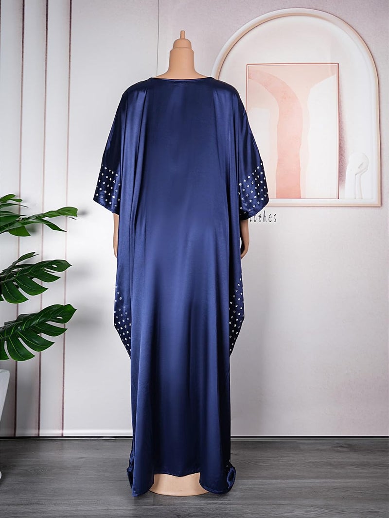 HD African Kaftan Dress for Women Rhinestone Navyblue Batwing Maxi Dress with Inner Adjustment Belt - Image 4