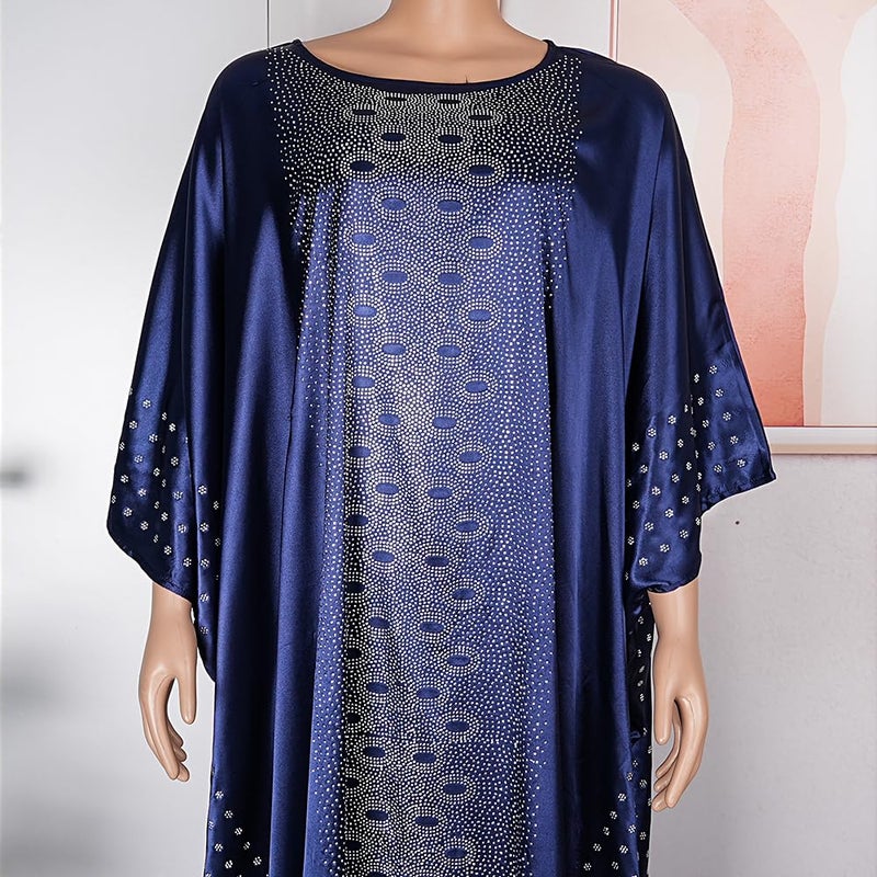 HD African Kaftan Dress for Women Rhinestone Navyblue Batwing Maxi Dress with Inner Adjustment Belt - Image 2