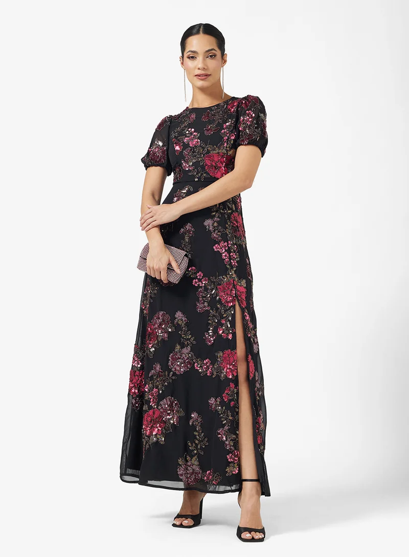 Maya Floral Embellished Puff Sleeve Side Slit Maxi Dress