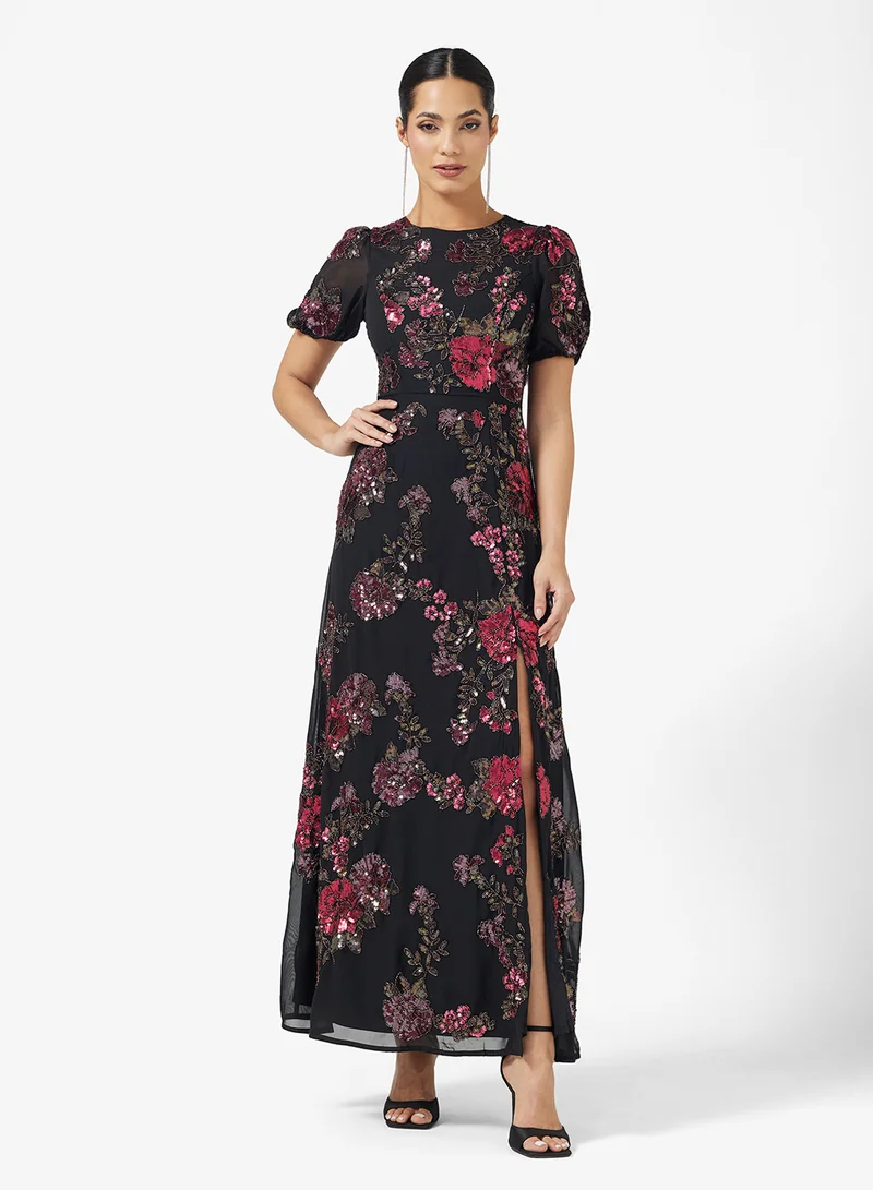 Maya Floral Embellished Puff Sleeve Side Slit Maxi Dress