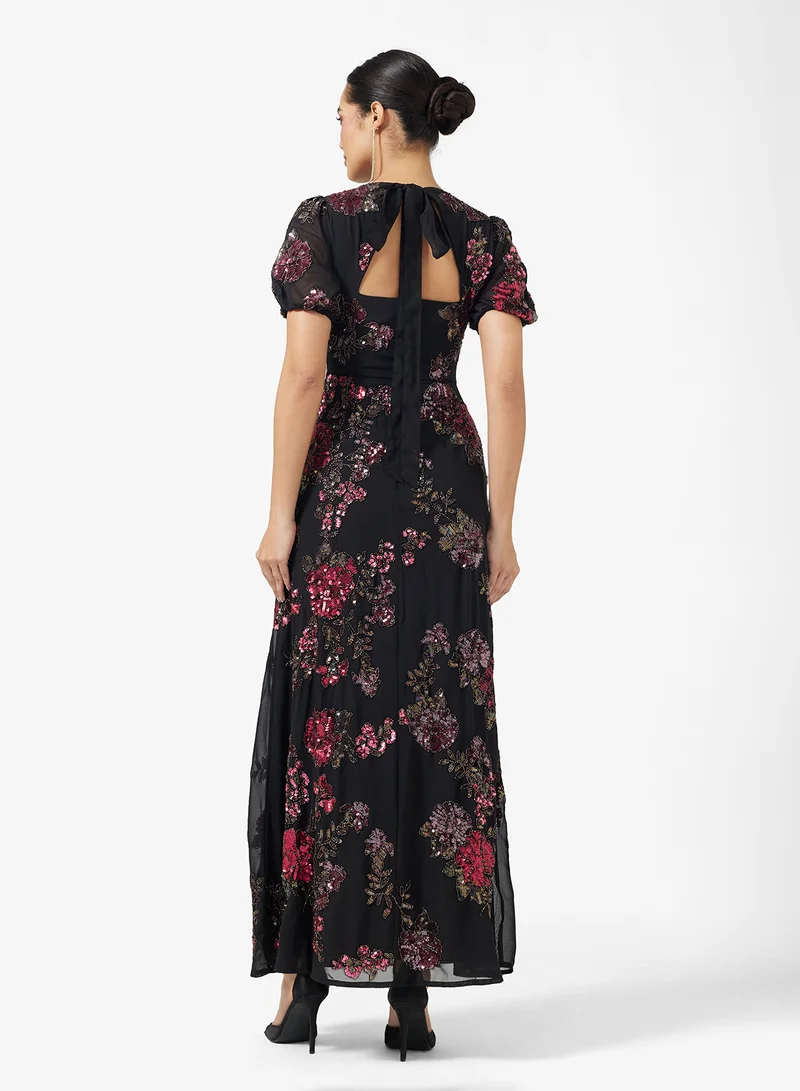 Maya Floral Embellished Puff Sleeve Side Slit Maxi Dress