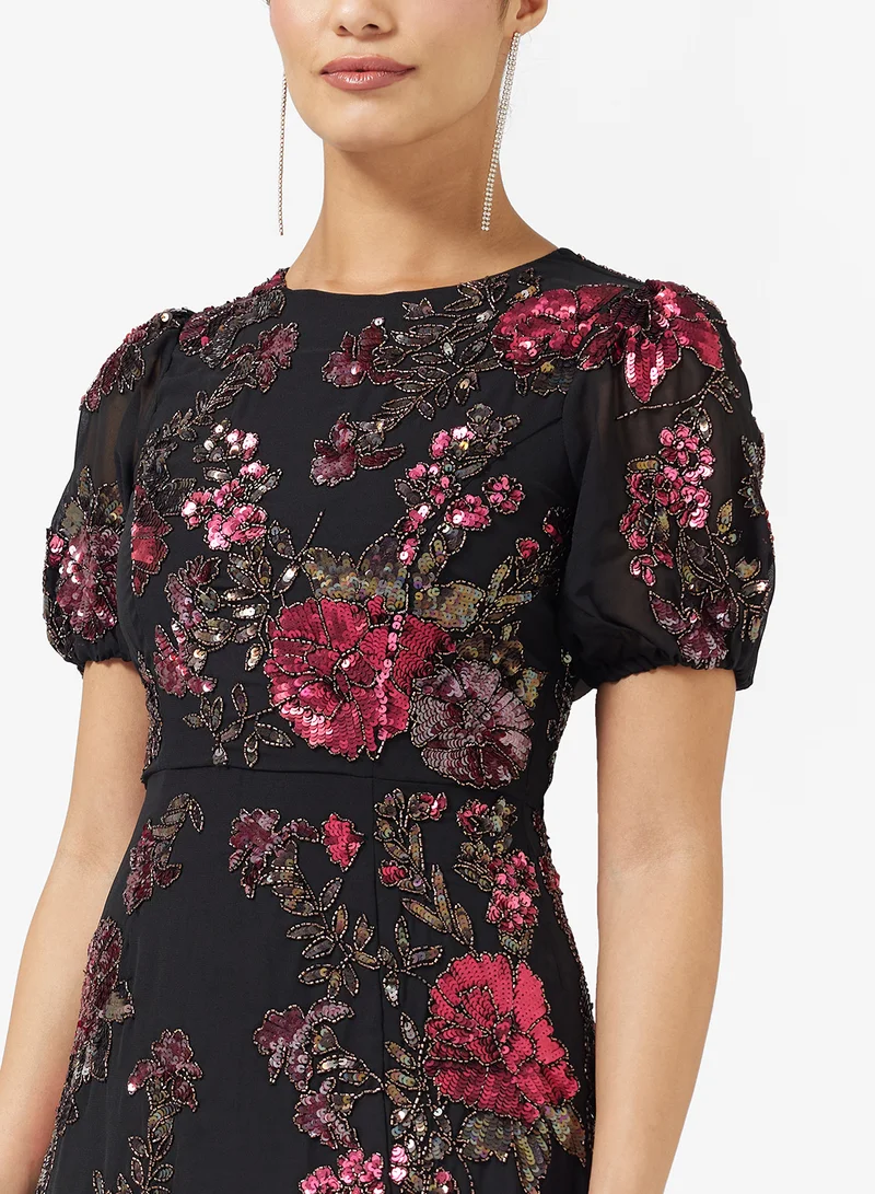 Maya Floral Embellished Puff Sleeve Side Slit Maxi Dress