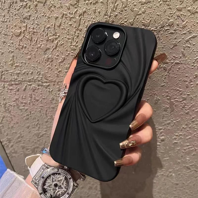 COVERLY Heart Shape Design Back Case Cover for iPhone 15 | 3D Embossed Wrinkle Cute Silk Pattern | Love Trendy Matte TPU | Soft Silicone Fashion Aesthetic Cover for Girls & Women (Black, Shockproof) - Image 5